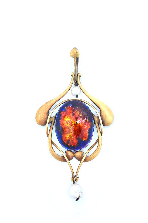 A gold, enamelled and pearl mounted Art Nouveau pendant, the centre with an enamelled vary coloured oval panel, the scroll pierced surround with a sin