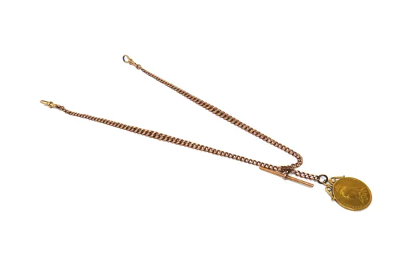 A gentleman's 9 ct gold graduated curb link watch Albert chain, fitted with two 9 ct gold swivels, a 9 ct gold T bar and with a Victoria Jubilee head