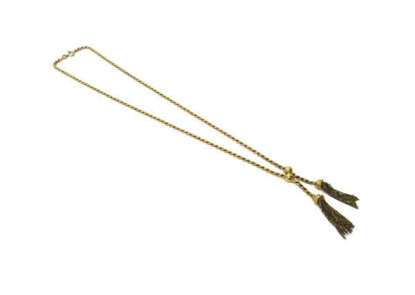 A 9ct gold ropetwist link necklace, the front with two pendant tassel drops, on a boltring clasp, weight 19gms.