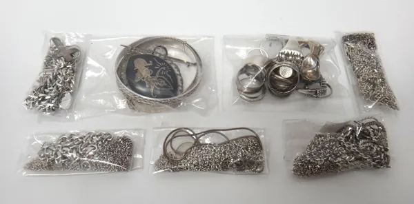 Mostly silver jewellery, comprising; fifteen rings, two bangles, two brooches, three bracelets, six pendants and charms and twenty necklaces and neckc