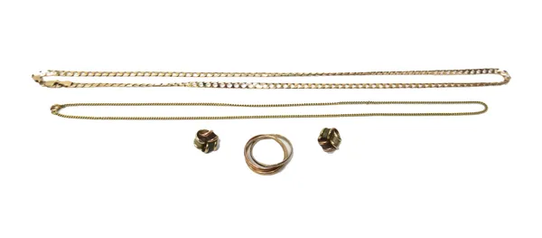 A 9ct gold faceted curb link neckchain, on a sprung hook shaped clasp, a 9ct three colour gold Russian style wedding ring, ring size L, a pair of 9ct