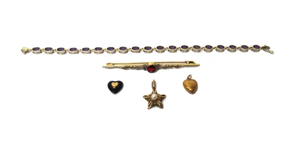 A 9ct gold and amethyst set bracelet, mounted with a row of oval cut amethysts, on a snap clasp, a red gem set bar brooch, twenty four pairs of mostly