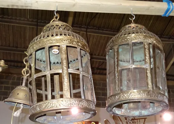 A pair of 20th century pierced brass cylindrical lanterns, each 60cm high (a.f), (2). H5