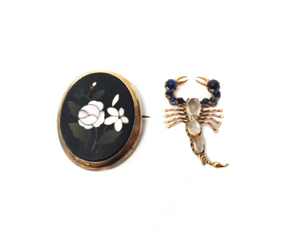 A gold, sapphire and moonstone set brooch, designed as a scorpion, mounted with cabochon gemstones and an oval pietra dura brooch, designed as a flora