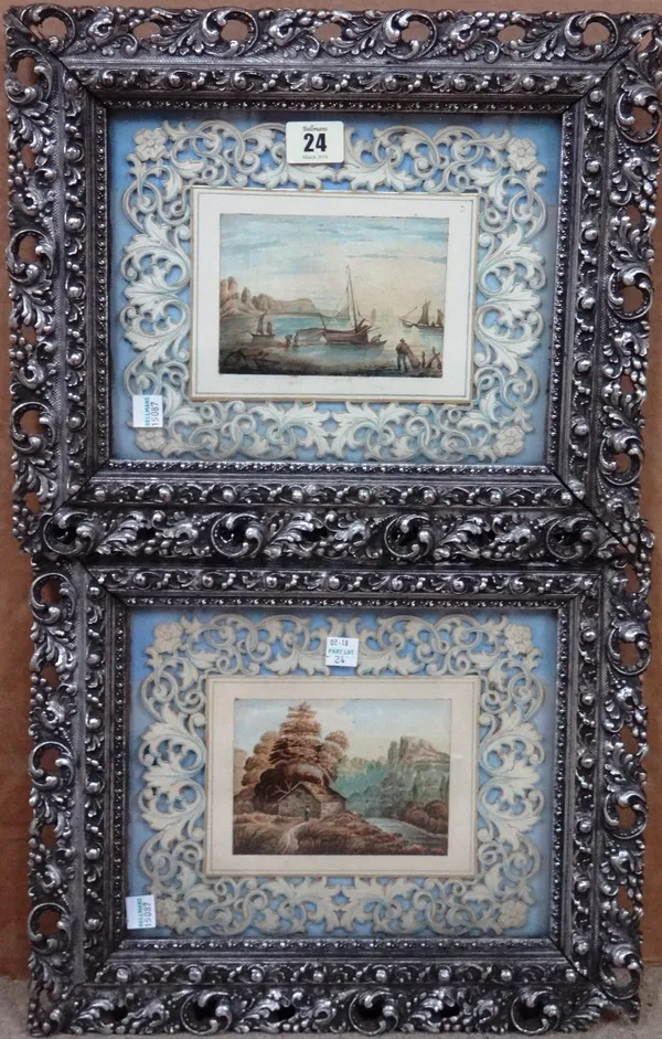 Charles Follit (19th century), Coastal scene; River landscape, a pair of watercolours, signed, with decorative pierced borders, each image 9cm x 12.5c