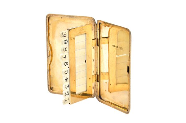 Asprey, London; an 18ct gold rectangular butt marker, opening to reveal ten numbered ivory tabs, the exterior engine turned and applied with the initi