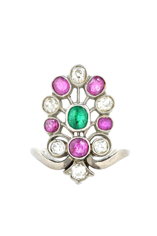 A diamond, ruby and emerald ring, in a bocage cluster design, collet set with cushion shaped diamonds and with variously cut coloured gemstones, ring