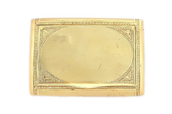 A gold curved rectangular, hinge lidded snuff box, the exterior with engine turned decoration within engraved borders, detailed BC 585, size 8.5cm x 6