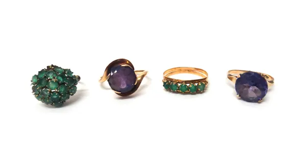 Two gold and mauve gem set solitaire rings, a gold and green gem set five stone ring and a gold and green gem set cluster ring, (two green gems lackin