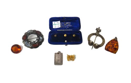 A seed pearl and gem set plaid brooch, of circular form, a vary coloured agate and yellow paste set shaped circular brooch, three gilt base metal dres