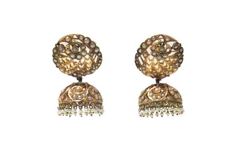 A pair of gold and seed pearl set pendant earrings, each with a circular top, fitted with a wire and with a hemispherical drop with seed pearl set pen