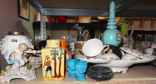 Ceramics, including; 19th century and later jugs, cups, plates, bowls, an oil lamp base modelled with cherubs, and sundry, (qty).   S1