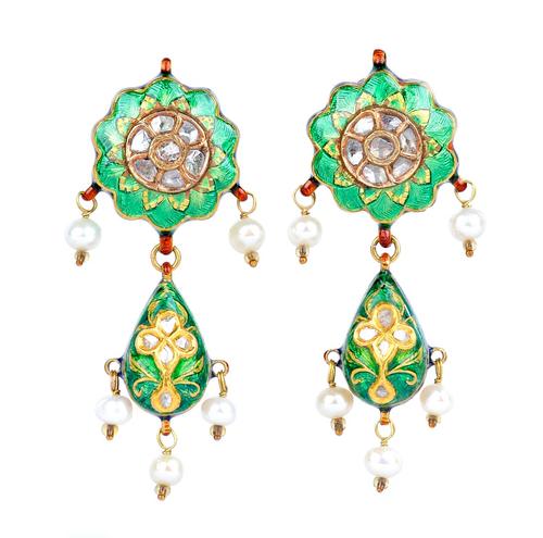 A pair of Indian, gold mounted diamond and cultured pearl set and enamelled earclips, each with a circular top and with a pear shaped drop, mounted to