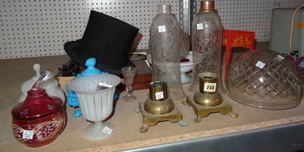 Collectables, including; Asian wooden stands, a collapsible top hat, a pair of glass hurricane lamps with brass stands, lidded glass urns and sundry,