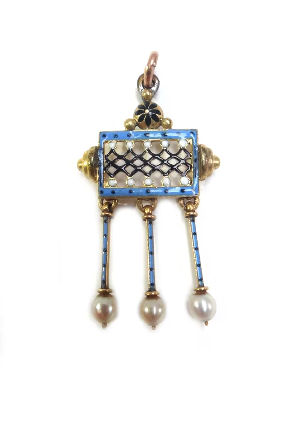 A gold, enamelled and cultured pearl pendant, the top in a pierced rectangular design, with black, pale blue and white enamelled decoration, the front