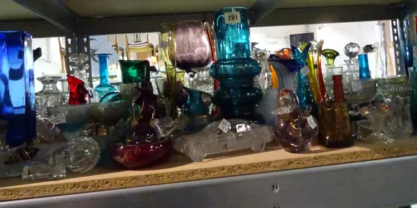 Glass wares, including; a large group of 20th century decorative coloured glass vases, drinking vessels, decanters and sundry, (qty). S3