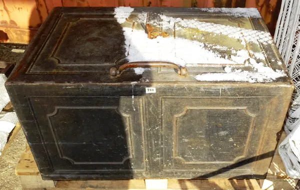 A large late 19th century strongbox with lift top lid, (a.f).  OUT