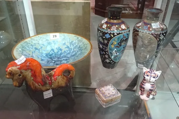Ceramics, including; a pair of Japanese cloisonne vases, a Royal Crown Derby figure of a cat, a Limoges porcelain gilt metal mounted box and sundry, (