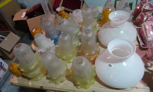 A quantity of glass lamp shades, including, frilled, flame and oil lamp examples, (qty).  H1
