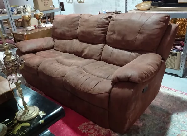 A pair of brown faux leather sofas, each with reclining action to either end, (2).   D2