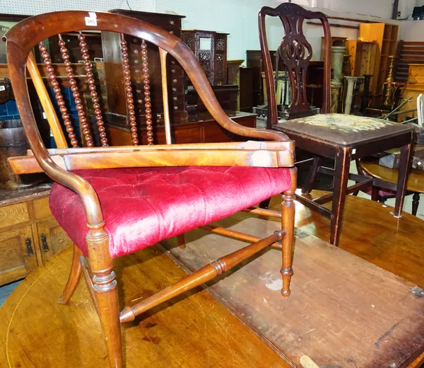 A Victorian mahogany chair, with bobbin turned back and a George III mahogany framed dining chair, with optional adapted rocking feet. (2).  E7