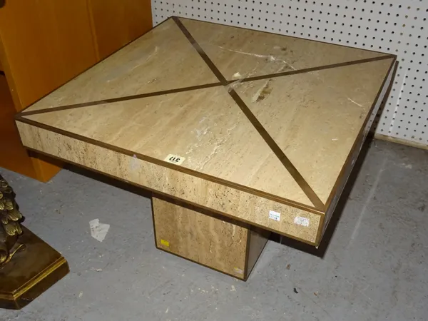 In the Manner of Baron Alessandro Albrizzi; a 20th century marble and brass square coffee table on central column, 61cm wide x 50cm high, (a.f).  M10