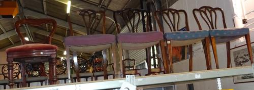 A set of five George III style mahogany dining chairs, with camel back on square tapering supports, (a.f) and a balloon back chair, (6).   S3T