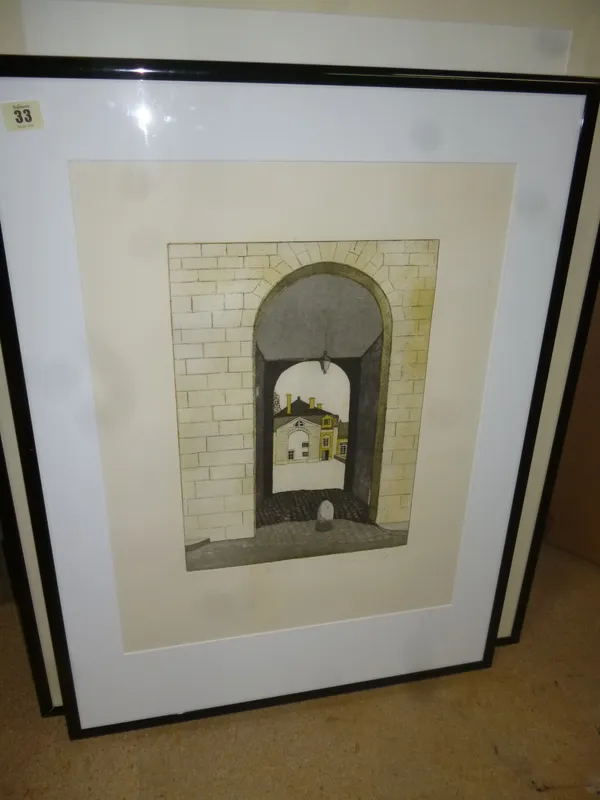 Patricia Dawson (British 20th century), Gateway, etching/aquatint, signed, artist's proof, 38cm x 27.5cm; and another, La Tour, (2) Please note this l