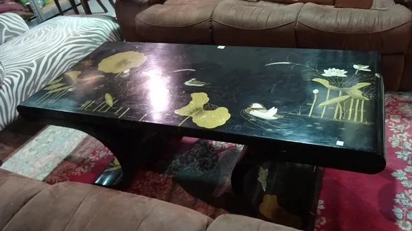 A 20th century Japanese black lacquer chinoiserie decorated coffee table, on dual end supports, 141cm wide x 49cm high.  D2
