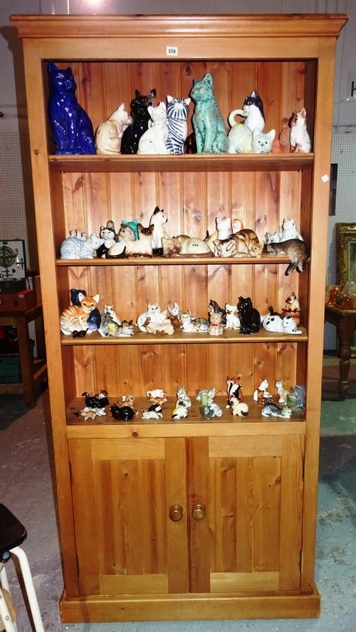 A 20th century pine open bookcase, over a two door cupboard base, 95cm wide x 198cm high.  I2