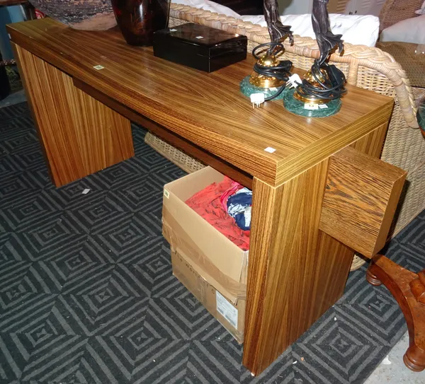 A 20th century hardwood sideboard, on block trestle end supports.  G3