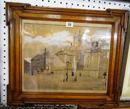 L** Grumak? (early 20th century), A Continental city square, watercolour and bodycolour over pencil, indistinctly signed and dated '09, 28cm x 36cm.;