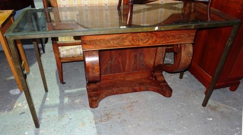 A 20th century rectangular brass console table, with glass top, 143cm wide x 77cm high.  J3