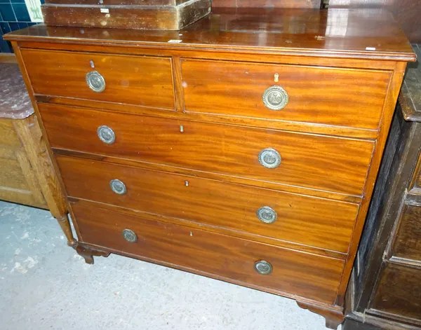 A George III mahogany chest of two short and three long drawers, on ogee bracket feet, 109cm wide x 100cm high.  F9