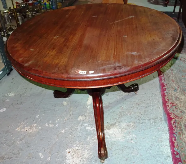 A Victorian mahogany tilt top breakfast table, on three outswept supports, 104cm wide x 72cm high.  E2