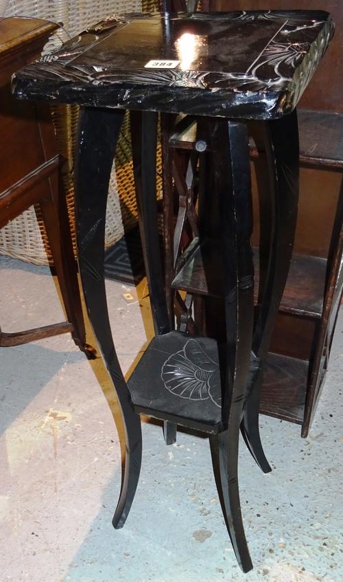 A 20th century ebonised jardiniere stand, with carved decoration to the square top, on cabriole supports, 27cm wide x 87cm high.  H6