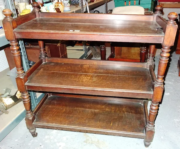 A Victorian oak three tier buffet, on ring turned tapering supports, 102cm wide x 112cm high.  L3