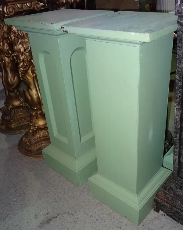 A 20th century green painted jardiniere stand, and another similar each on plinth base, 40cm wide x 100cm high, (2).  M6