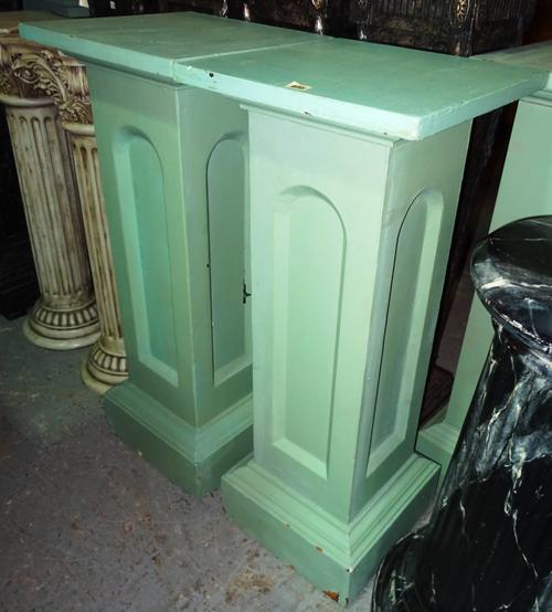 A pair of 20th century green painted jardiniere stands, each on plinth base, 40cm wide x 100cm high, (2).  M6