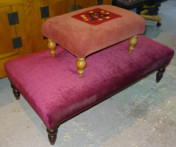 A 20th century mahogany framed rectangular footstool, with purple upholstery, 120cm wide x 34cm high, together with another smaller, 63cm wide x 33cm