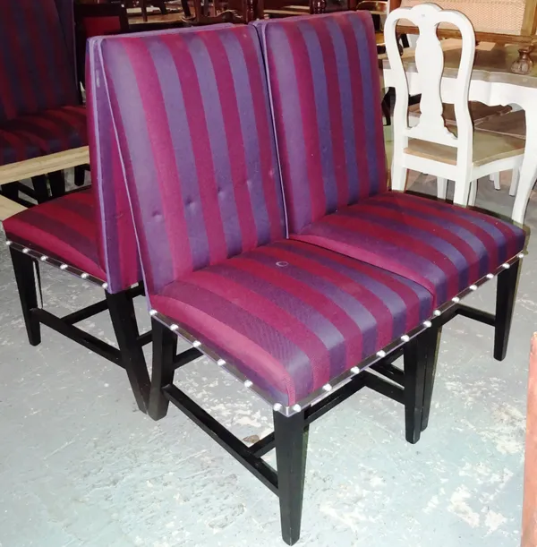 A set of twelve 20th century hardwood dining chairs, with studded rims, with purple striped upholstery, (12).  F6