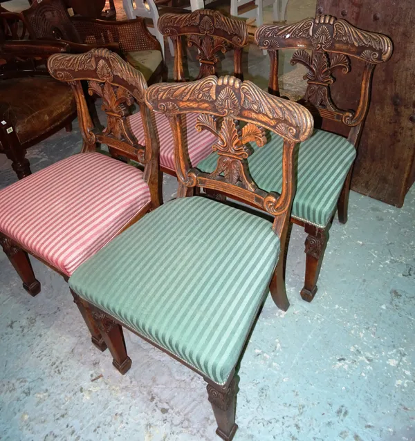 A set of four William IV elm dining chairs, with carved top rail on square tapering supports, (4). H9