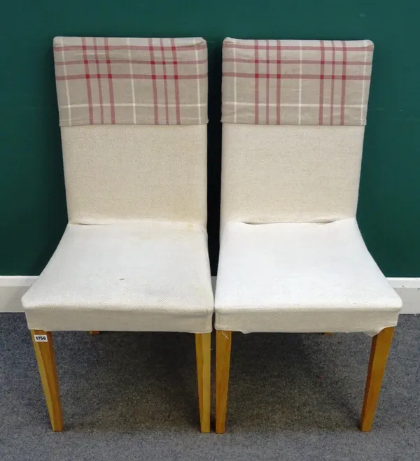 A set of ten 20th century square back dining chairs, with red tartan upholstery, on tapering square supports.  A2