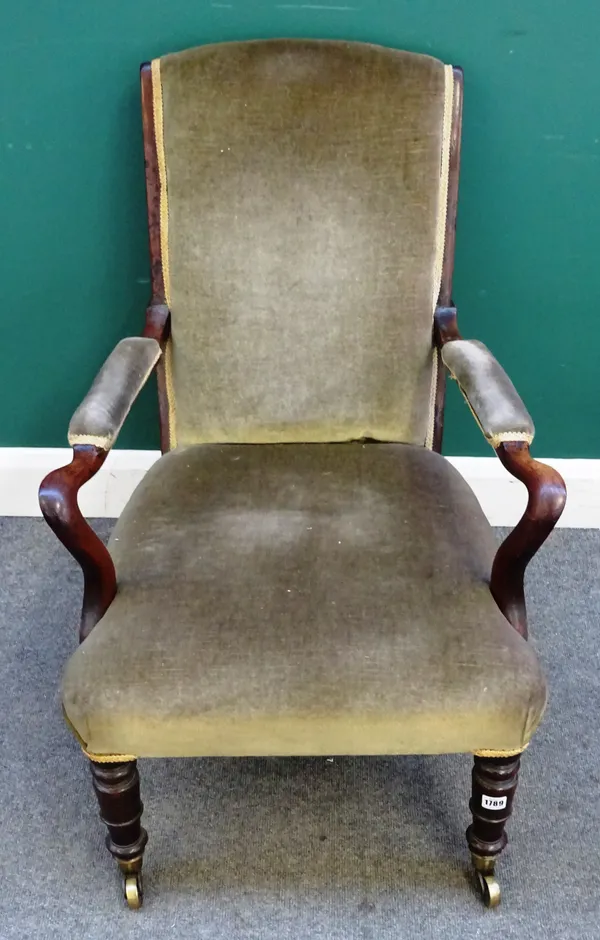 A late Regency rosewood open armchair, on tapering turned supports, 60cm wide x 88cm high.  J5