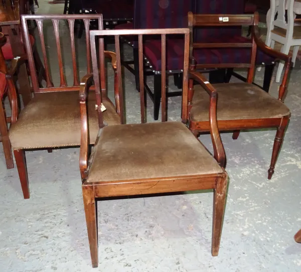 A matched set of three Georgian mahogany open armchairs, (3).  D6