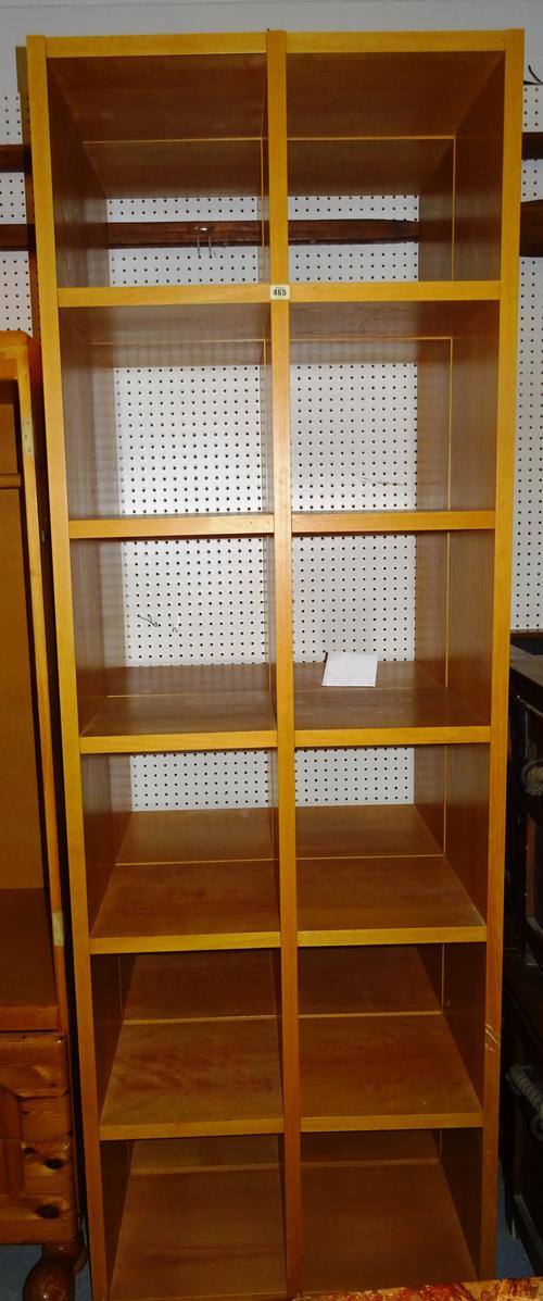 A pair of 20th century oak veneered floor standing open bookcases, 77cm wide x 224cm high, (2).  L10