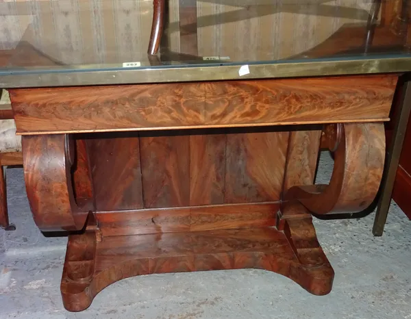 A 19th century Dutch mahogany console table, on sabre supports united by platform undertier, 82cm wide x 75cm high.  J3
