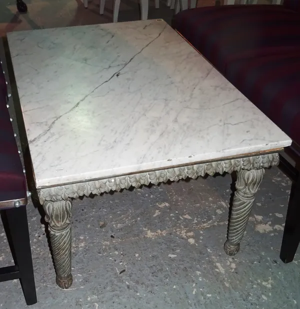 A 20th century coffee table with caned grey painted frame and white marble top.  G6  L4
