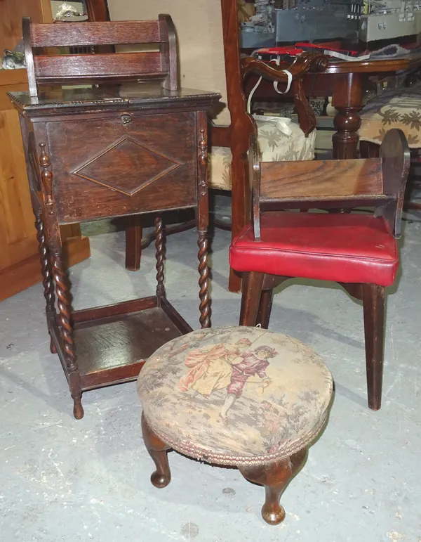 A 20th century oak sewing table with lift top, 41cm wide, together with two footstools and two book stands, (5).  K2