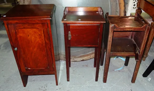 A George III mahogany tray top night stand, 35cm high, a 19th century mahogany pot cupboard, 41cm wide and another pot cupboard, 38cm wide, (3).  I5